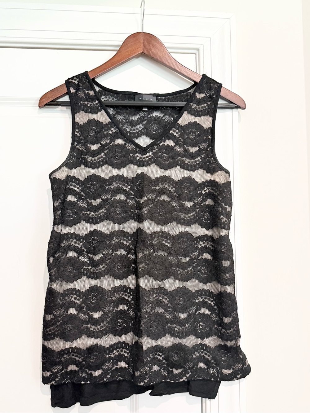 LOFT Black Lace Overlay V-Neck Tank with Nude Underlay